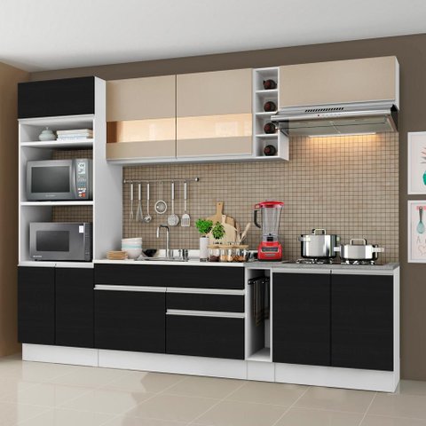 Cozinha Completa Madesa Vicenza com Armário e Balcão (sem Tampo e Pia) - Branco/Preto/Crema