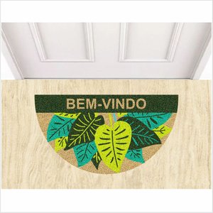 TAPETE CAPACHO MEIA LUA BEM VINDO, DECORATIVO COM PLANTAS.
