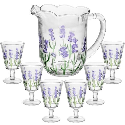 Jogo de Taças e Jarra de Cristal Lavanda Hand Painting 7 Peças - Lyor