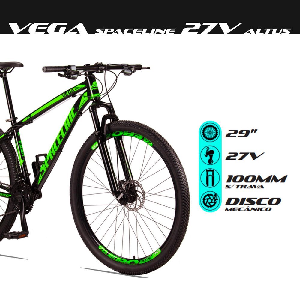 Bicicleta Vega Aro 29 Quadro 17 Alumínio 27v Shimano Altus Freio Mecânico Preto Verde - Spaceline - 5