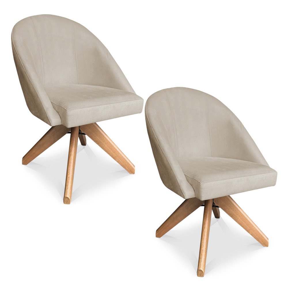 Kit 02 Poltronas Cadeira Giratória Bela Suede Base de Madeira - Pallazio