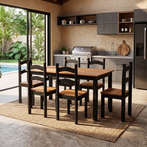 Mesa de Jantar 6 Lugares com 6 Cadeiras em Madeira Maciça Rústic Preto/Mel