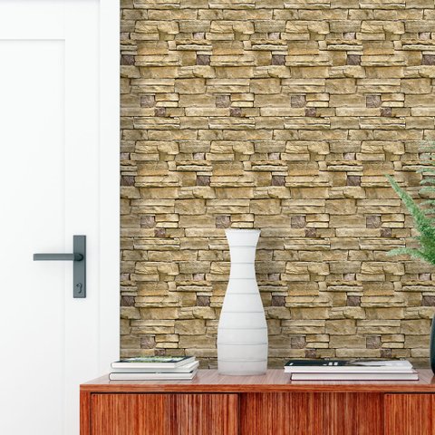 Papel de Parede Adesivo Pedras Rústicas Tons Amarelados 15m