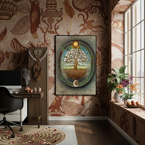 Quadro Decorativo Místico Árvore da Vida - 70x50cm:moldura Preta