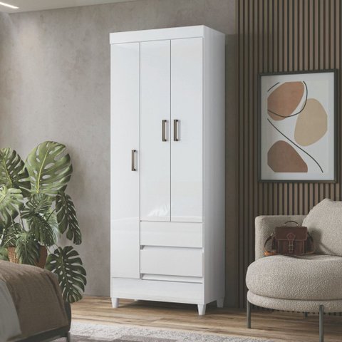 Guarda Roupa Solteiro com Pés 3 Portas 2 Gavetas Branco New Opção