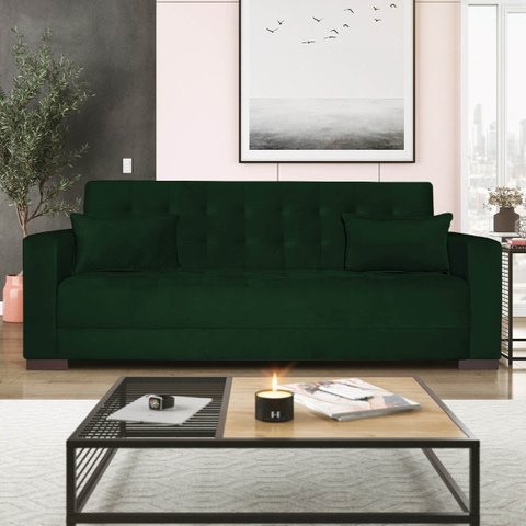 Sofá Cama 3 Lugares Jobim Suede Verde - ADJ Decor