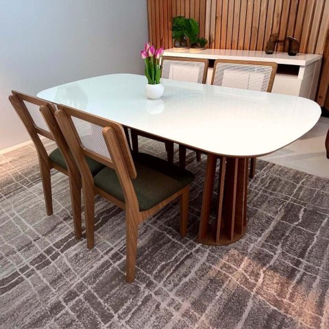 Conjunto de Jantar 4 Lugares Tampo em MDF Off White e Verde 180cm Dalla Costa Móveis