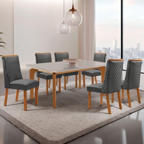 Mesa de Jantar Liz 6 Lugares Retangular Vidro 180cm Off White Moderna