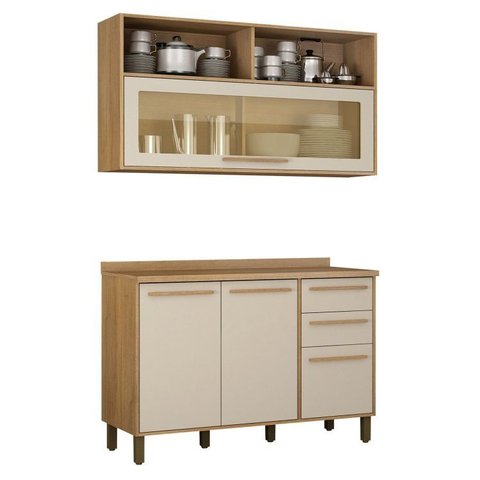 Cozinha Compacta Modulada 1 Aéreo e 1 Balcão Salvador Bege/Cinamomo/Off White