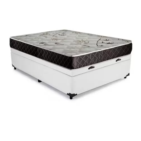 Cama Box Baú Casal Conforto Sintético Branco + Colchão Casal Conforto Espuma D33 30x138x188