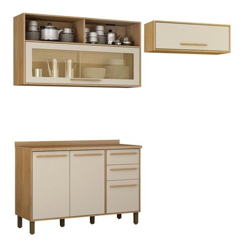 Cozinha Compacta Modulada 2 Aéreos e 1 Balcão Salvador Bege/Cinamomo/Offwhite
