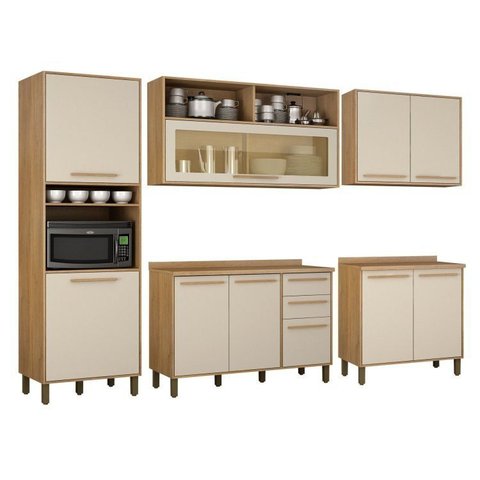 Cozinha Completa Modulada 2 Armários Aéreos, 2 Balcões e 1 Paneleiro Salvador Bege/Cinamomo/Off White