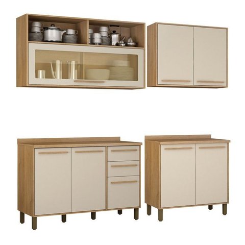 Cozinha Completa Modulada 2 Armários Aéreos e 2 Balcões Salvador Bege/Cinamomo/Off White