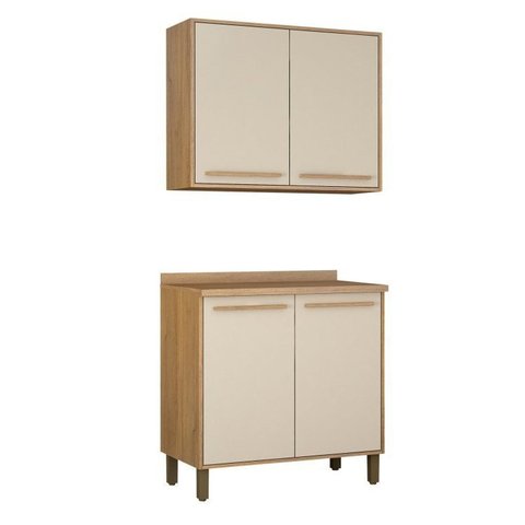 Cozinha Compacta Modulada 1 Armário Aéreo e 1 Balcão Salvador Bege/Cinamomo/Off White