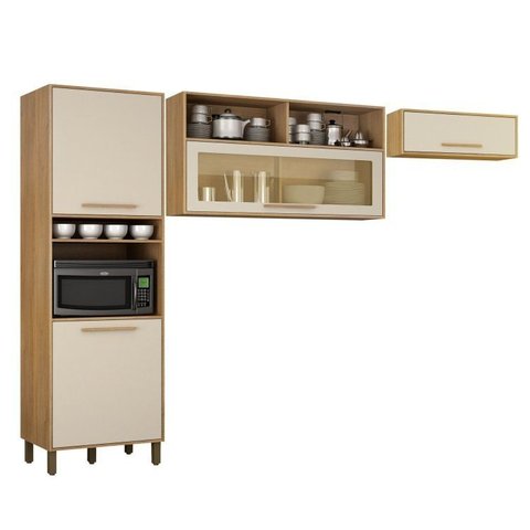 Cozinha Compacta Modulada 2 Armários Aéreos e 1 Paneleiro Salvador Bege/Cinamomo/Off White