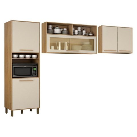 Cozinha Compacta Modulada 2 Armários Aéreos e 1 Paneleiro Salvador Bege/Cinamomo/Off White