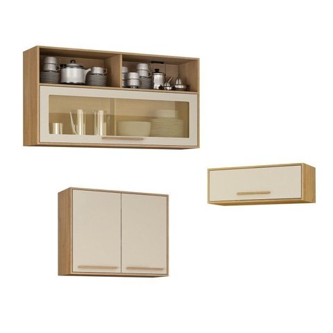 Cozinha Compacta Modulada 3 Armários Aéreos Salvador Bege/Cinamomo/Off White