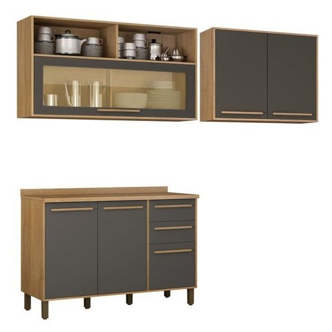 Cozinha Compacta Modulada 2 Armários Aéreos e 1 Balcão Salvador Cinza/Cinamomo/Grafite