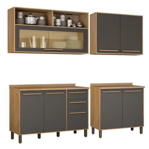 Cozinha Completa Modulada 2 Armários Aéreos e 2 Balcões Salvador Cinza/Cinamomo/Grafite