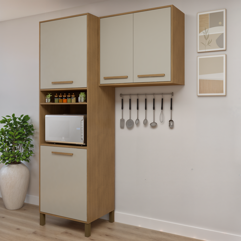 Kit Modulado Armário Aéreo 80cm 2 Portas e Paneleiro com Nicho 2 Portas Salvador Bege/Cinamomo/Off White