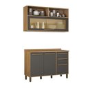 Ver imagem 1 de Kit Modulado Armário Aéreo 120cm com Vidro e Balcão 120cm 3 Portas 2 Gavetas Salvador Cinza/Cinamomo/Grafite