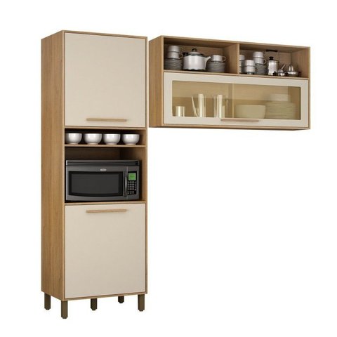 Kit Modulado Paneleiro com Nicho 2 Portas e Armário Aéreo 120cm com Vidro Salvador Bege/Cinamomo/Off White