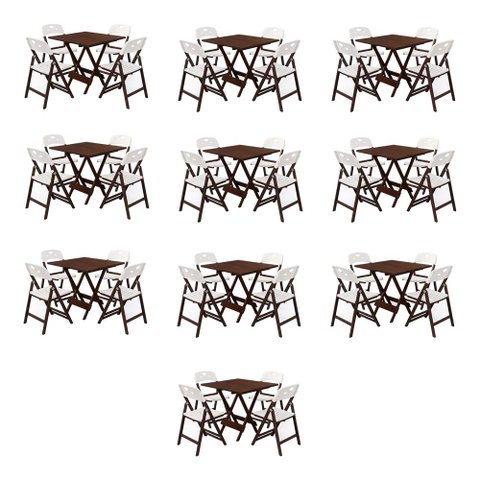 Kit 10 Jogos Mesa Dobrável Elegance 70x70 6 Ripas com 4 Cadeiras Imbuia Polipropileno - Branco