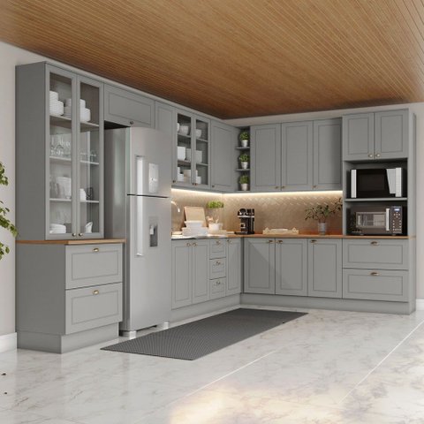 Cozinha Completa Americana 18 Portas 7 Gavetas com Vidro 100% Mdf Cinza/nature - Henn