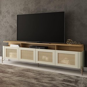 Rack para Tv 220cm com Porta Sextavada Pés em Metal 100% Mdf Cor:louro e Luna com Dourado
