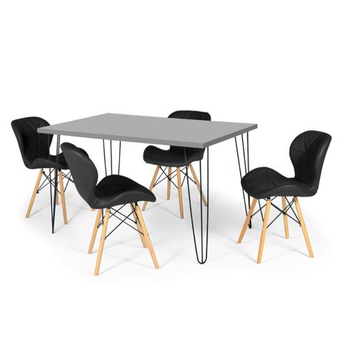 Conjunto Mesa de Jantar Hairpin 130x80 Volpi com 4 Cadeiras Eiffel Slim - Preto