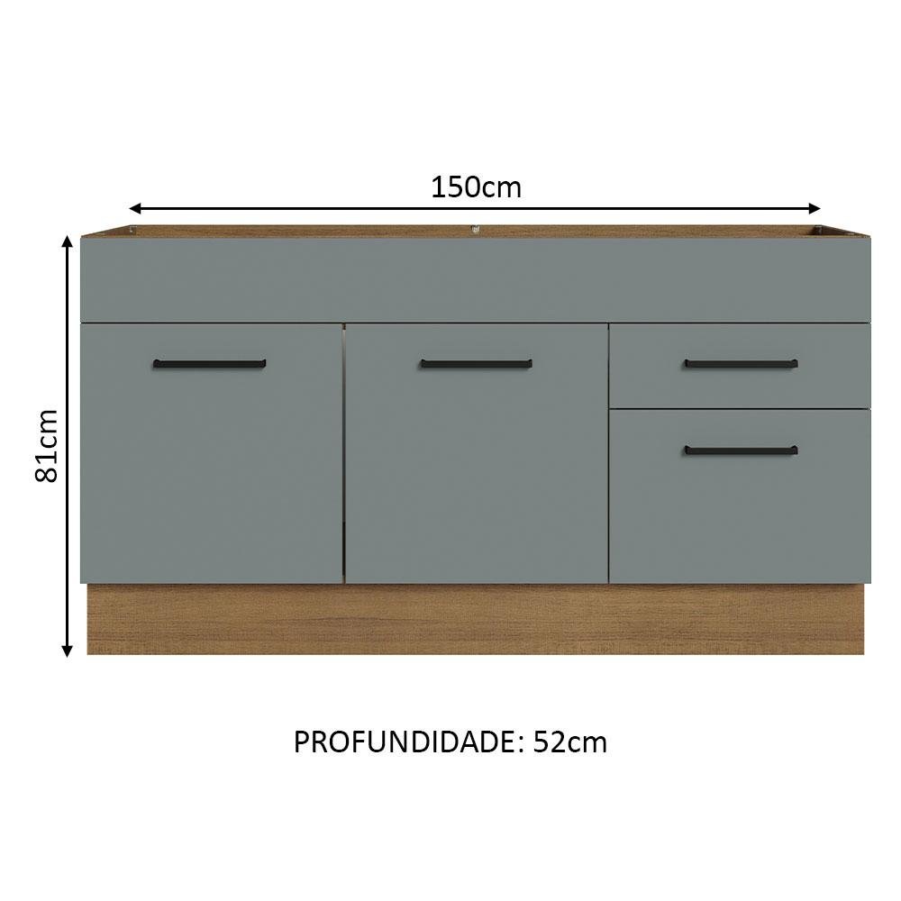 Balcão Gabinete de Pia Cozinha 150 cm 2 Portas e 2 Gavetas (Sem Tampo e Pia) Rustic/Cinza Agata Madesa - 4