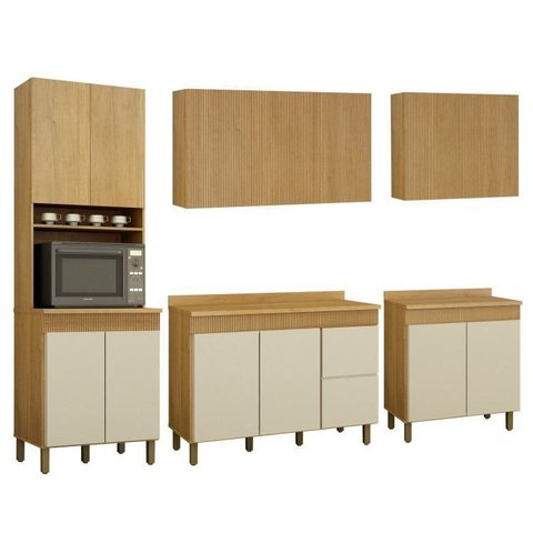 Cozinha Completa Modulada com 3 Armários Aéreos e 2 Balcões Dakota Bege/Cinamomo/Off White