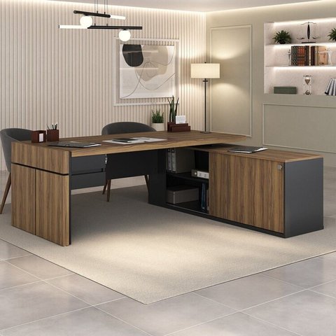 Mesa para Escritório Diretor em Tamburato com 2 Gavetas Marrom Artany