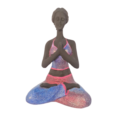 Bailarina Yoga Yogui Pernas Cruzadas Orando Degradê Azul Roxo e Rosa - Peça em Gesso