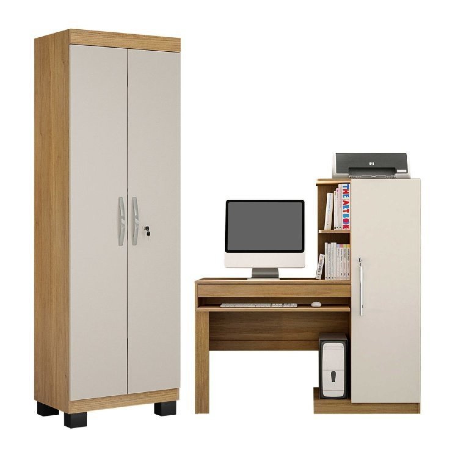 Conjunto Mesa para Computador Escrivaninha com Armário e Armário Multiuso 2 Portas com Chave Asteca - 1