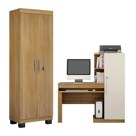 Conjunto Mesa para Computador Escrivaninha com Armário e Multiuso 2 Portas com Chave Asteca Cinamomo Off White Bege