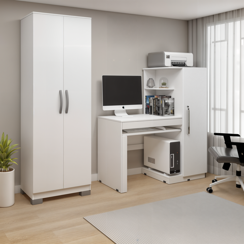 Conjunto 2 Peças com Mesa para Computador Escrivaninha e Armário Multiuso 2 Portas Natal Branca Fosco