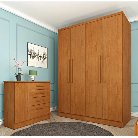 Guarda Roupa Solteiro 4 Portas 2 Gavetas 133cm Amsterdam Cinamomo - TCIL Móveis