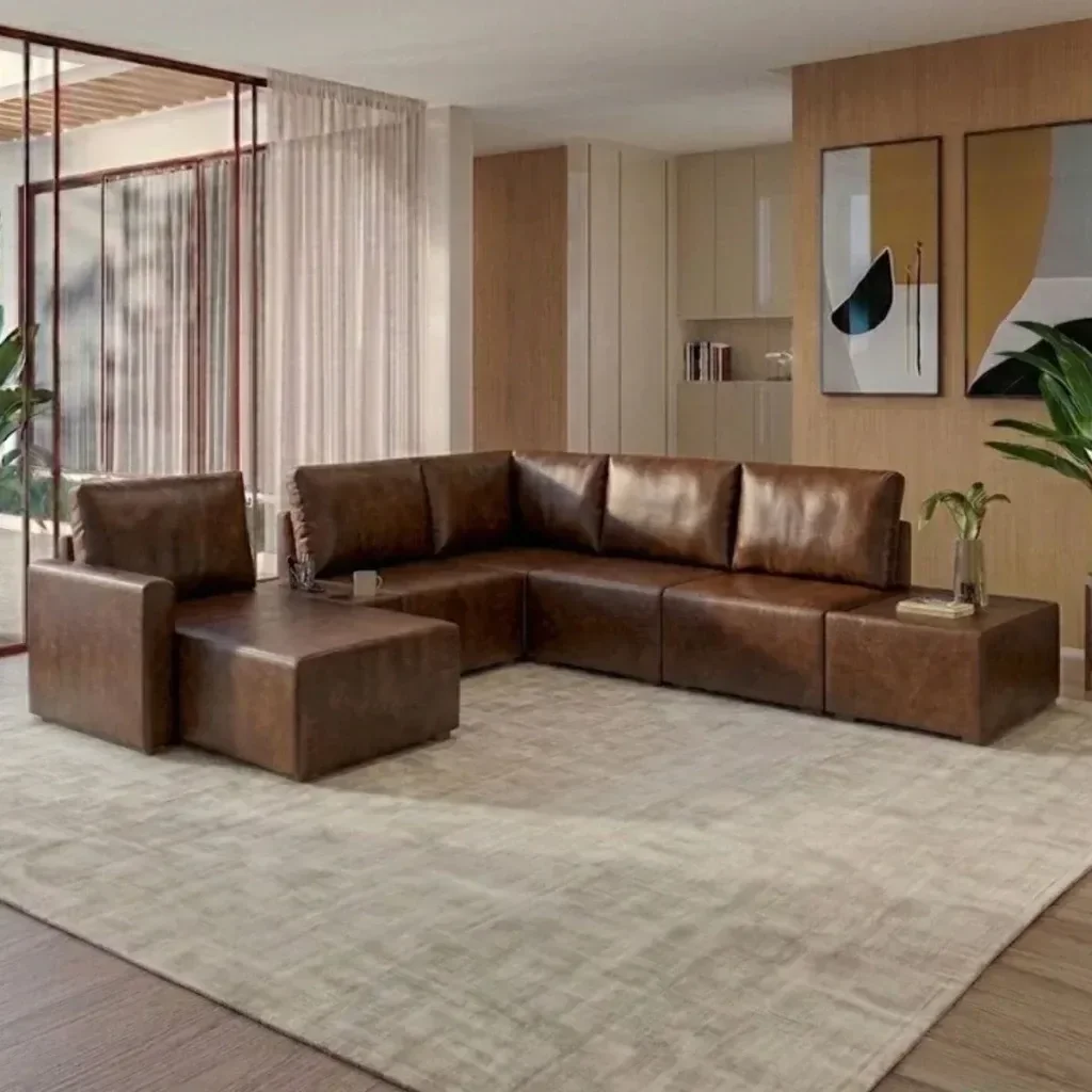Sofá de Canto 5 Lugares com Chaise e Mesa Modular Moderno Luxo Courissimo Marrom Agatha