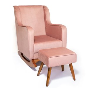 Cadeira Poltrona de Amamentação e Balanço C/ Puff Veludo Rose - Lahome Decor