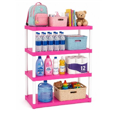 Estante Infantil 4 Prateleiras Grande Rosa Reforcada 60kg Organizador Multi Andares Quarto Bebe Mult