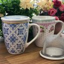 Ver imagem 2 de Jogo 12 Xícaras Canecas de Porcelana para Chá 310ml com Tampas e Filtros Inox Lisboa Lyor Azul