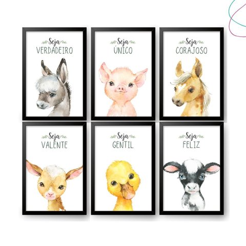Quadros Decoração Animais da Fazenda Moldura e Vidro 23x33:preta