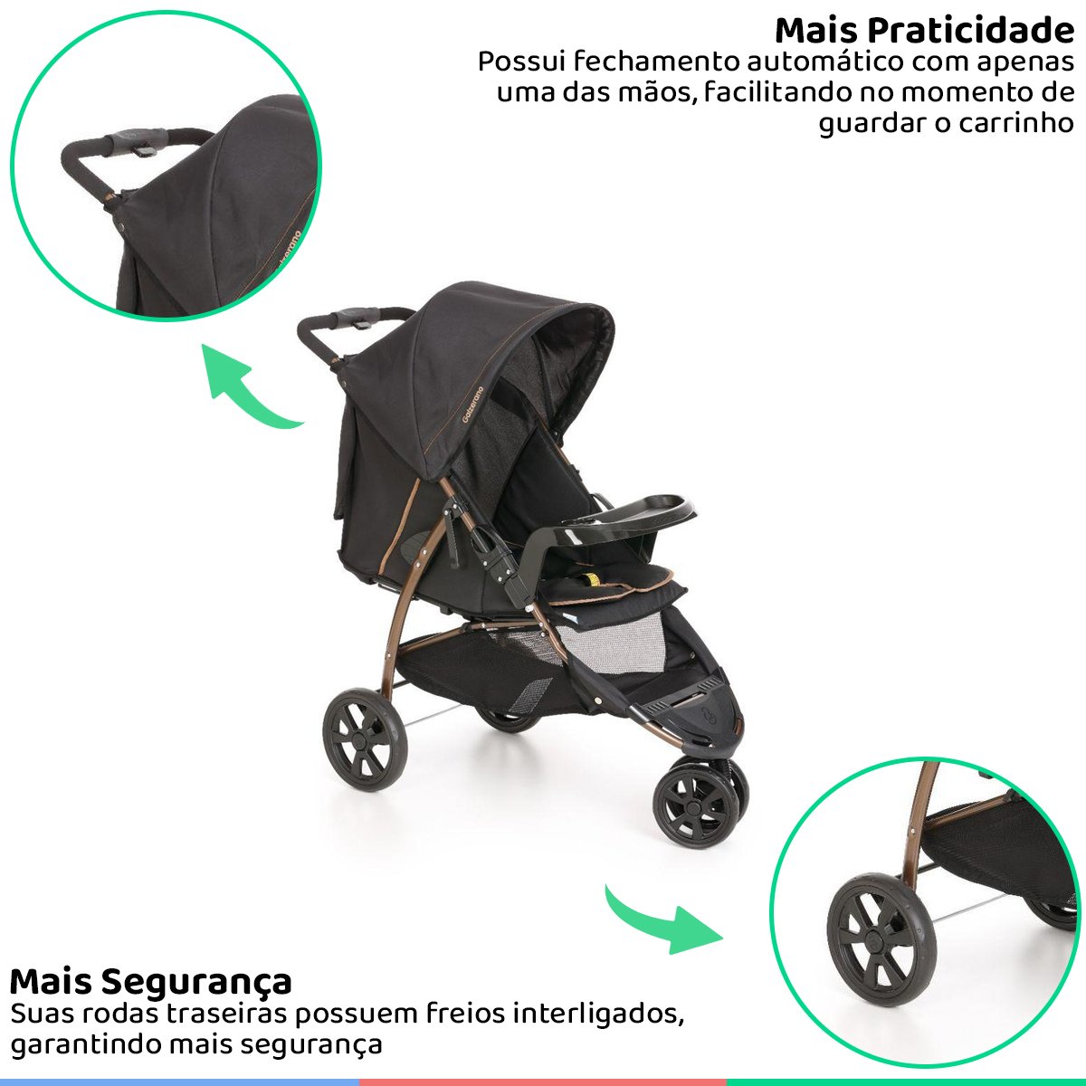 Carrinho de Bebê com 3 Rodas Função Passeio Berço Reclinável De Recem Nascido até 15kg Cross - Cobre - 5