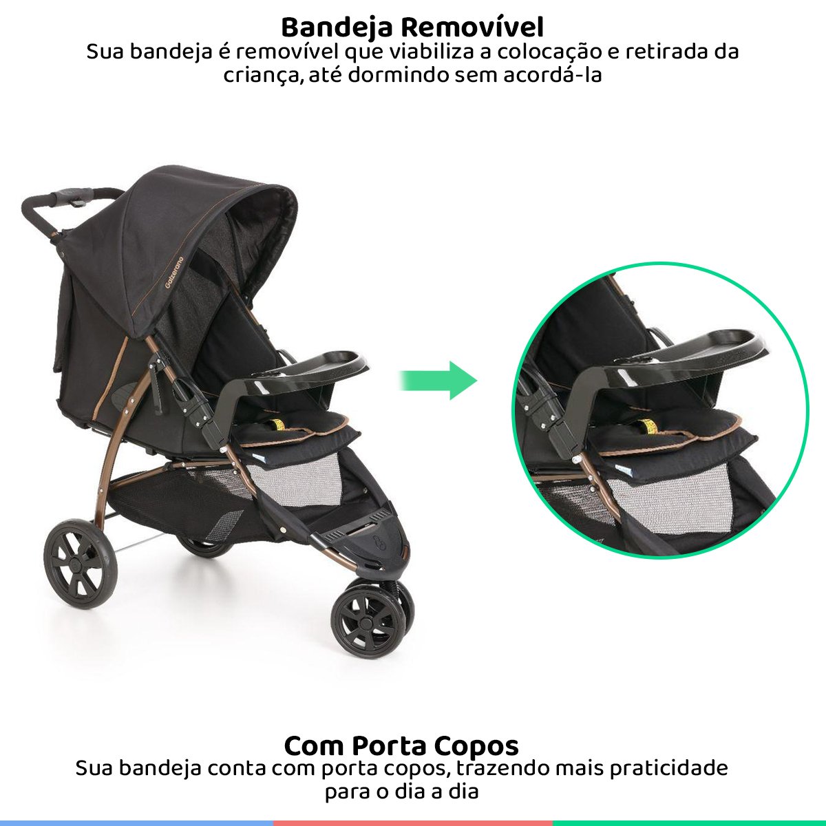 Carrinho de Bebê com 3 Rodas Função Passeio Berço Reclinável De Recem Nascido até 15kg Cross - Cobre - 4