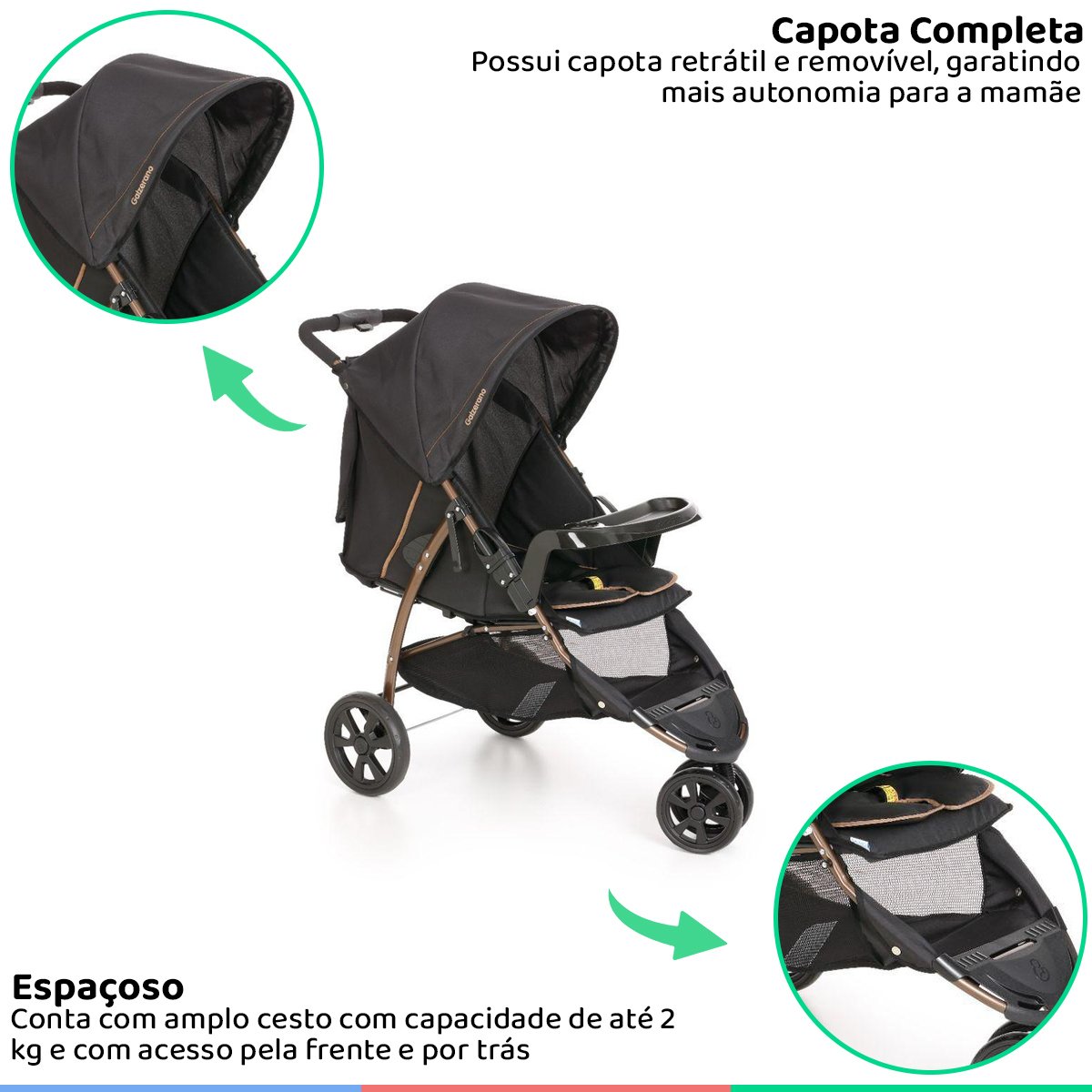 Carrinho de Bebê com 3 Rodas Função Passeio Berço Reclinável De Recem Nascido até 15kg Cross - Cobre - 3