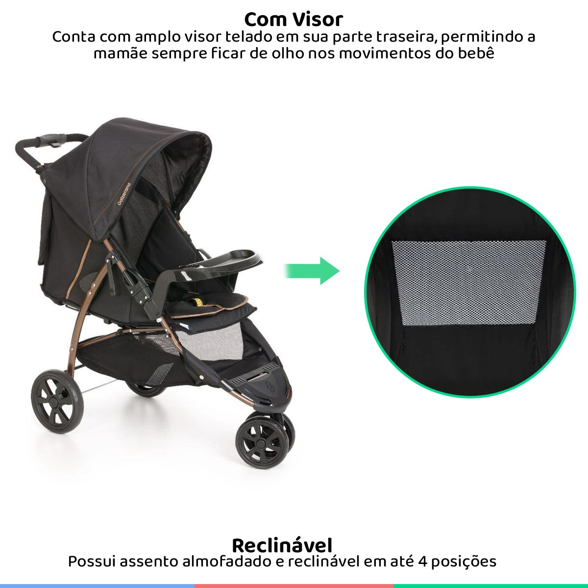 Carrinho de Bebê com 3 Rodas Função Passeio Berço Reclinável De Recem Nascido até 15kg Cross - Cobre - 6