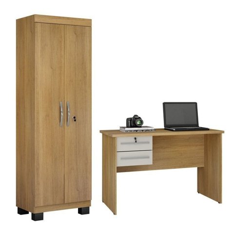 Conjunto Escrivaninha 2 Gavetas Byte e Armário Multiuso 2 Portas com Chave e 5 Prateleiras Asteca Cinamomo Off White Bege