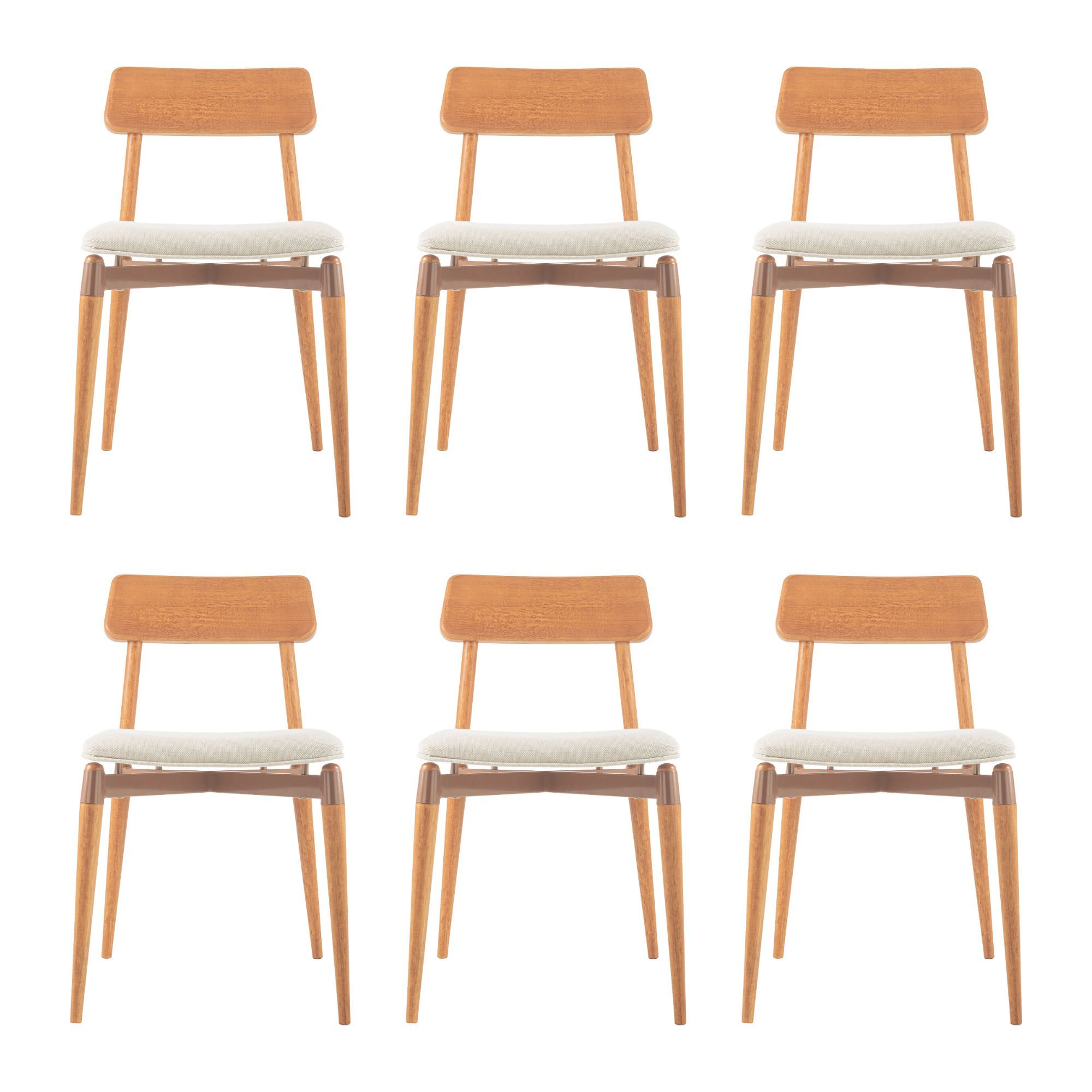 Conjunto 6 Cadeiras Cor Imbuia Empilhável Estofada Metal Cobre - 1