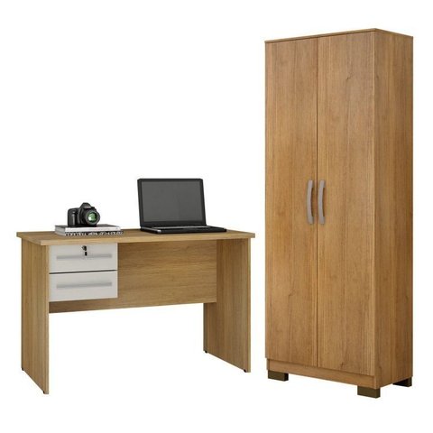 Conjunto Escrivaninha 2 Gavetas Byte e Armário Multiuso 2 Portas Natal Cinamomo Off White Marrom